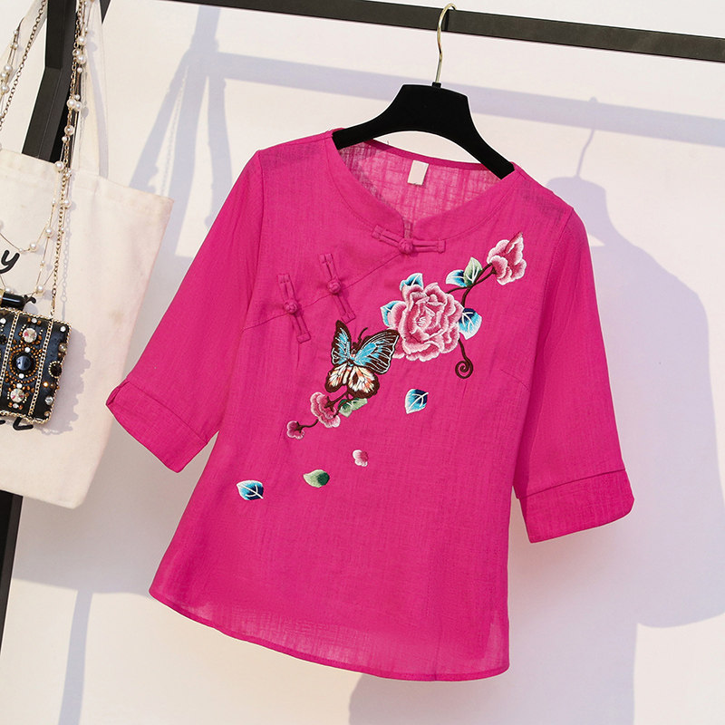 民族风棉麻刺绣斜襟盘扣采耳小衫中国风女春夏复古七分袖茶服上衣