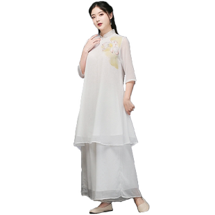 汉服女改良禅意女装中国风夏佛系旗袍裙少女七分袖连衣裙茶艺师服