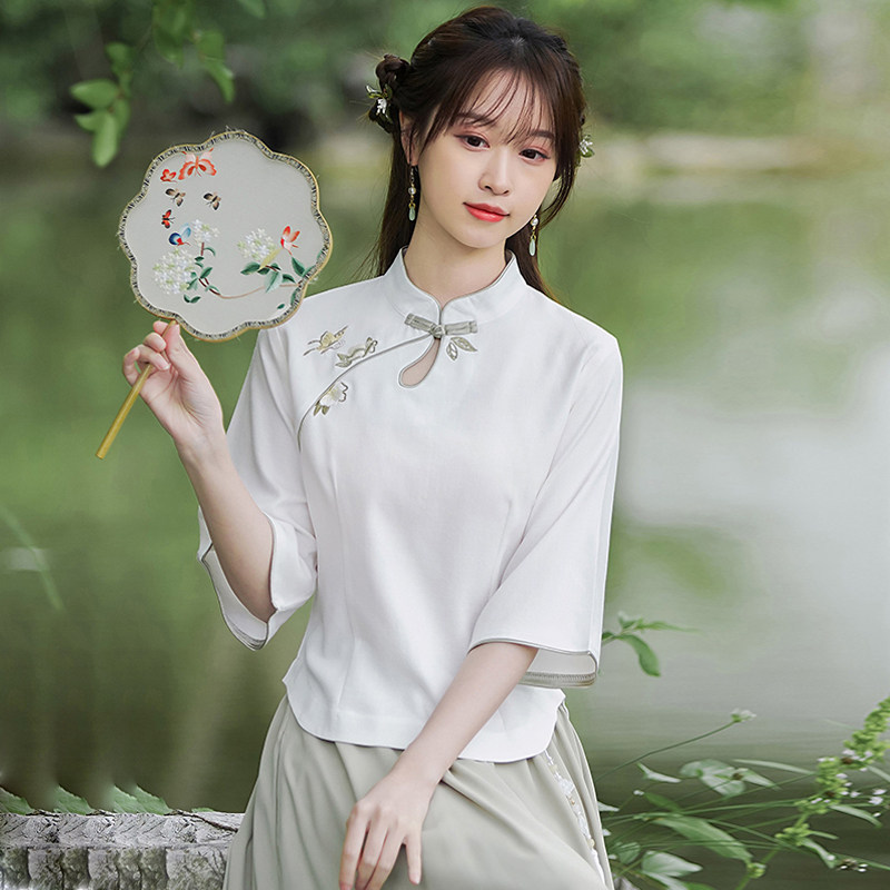 中国风改良汉服旗袍上衣民国风复古女装绣花茶艺师服装采耳工作装