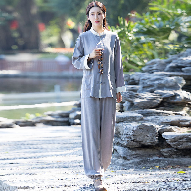 中国风女装佛系禅修服两件套白色居士服茶服太极服练功服禅意套装