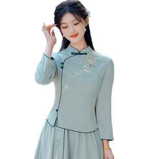 冬天旗袍加绒加厚汉服民国风刺绣唐装新中式上衣茶艺采耳师服装女