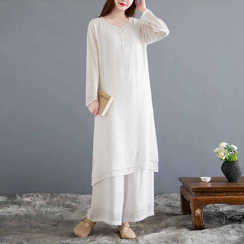棉麻长袍复古风大码禅意茶服套装