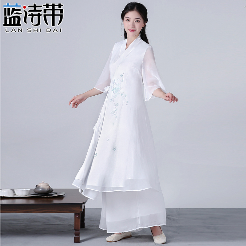 秋款系带汉服双层白色大摆连衣长裙禅意茶服