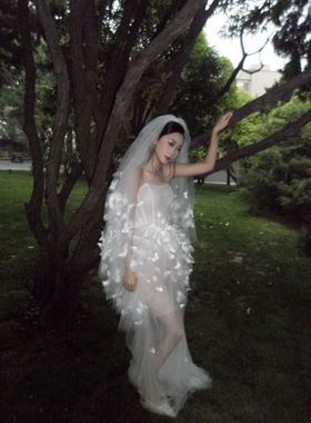 新娘头纱主婚纱森系蕾丝奢华超长款拖尾纱头纱鱼尾婚纱配饰