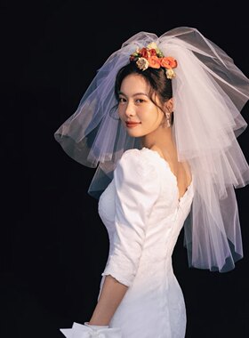 新款新娘头纱主纱蓬蓬纱超仙森系复古硬纱头纱摄影拍照头饰短款