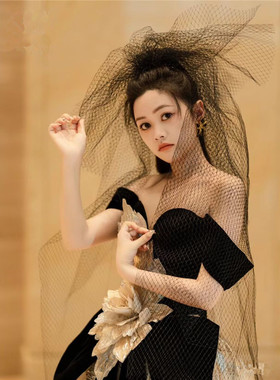 尊怡嫁衣黑色网格头纱新娘森系