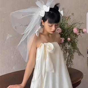 韓式 蓬蓬蝴蝶結頭紗新娘拍照頭紗婚紗攝影樣片道具頭飾 高級感短款