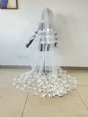 新款新娘头纱主婚纱蕾丝超仙森系长款复古硬纱头纱摄影拍照头饰