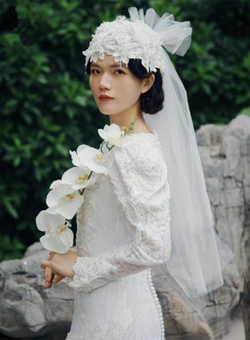 新款法式复古蕾丝帽子头纱新娘领证订婚化妆写真头饰森系样片配饰