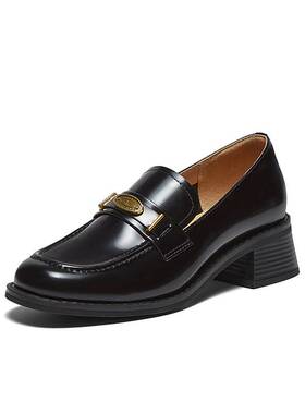 百思图2025秋季新款牛皮英伦风乐福鞋粗跟小皮鞋女单鞋C5851CA5