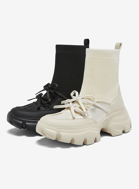 百思图2025冬新款厚底白色老爹袜靴加绒弹力靴女显瘦短靴UYP01DD5