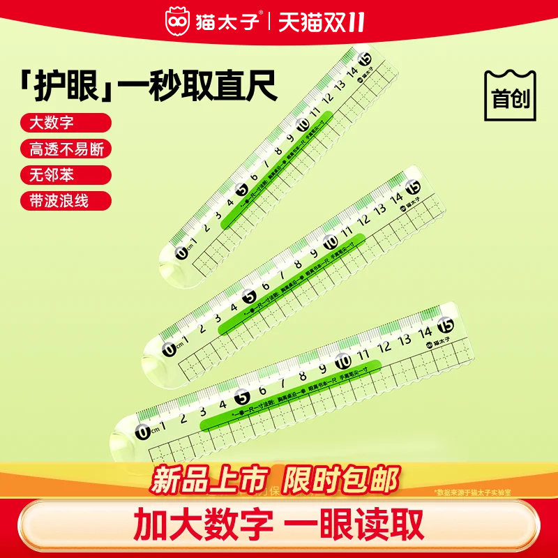 猫太子防滑透明尺子护眼直尺小学生手抄报多功能画图几何测量绘图初中生专用一二年级带波浪直尺15cm高颜值尺