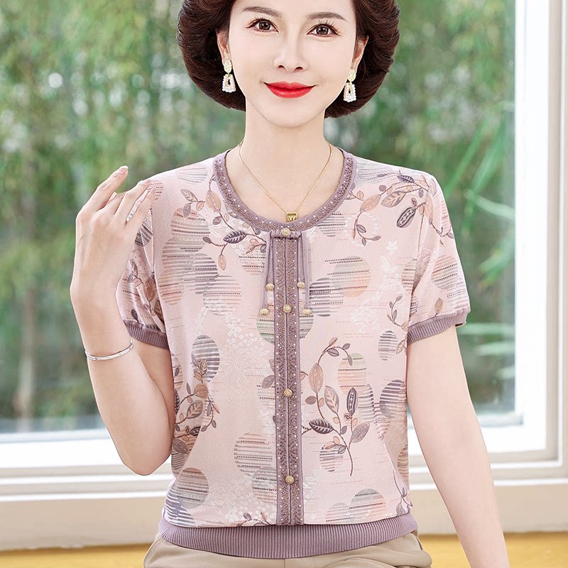 中老年妈妈桑蚕丝短袖T恤