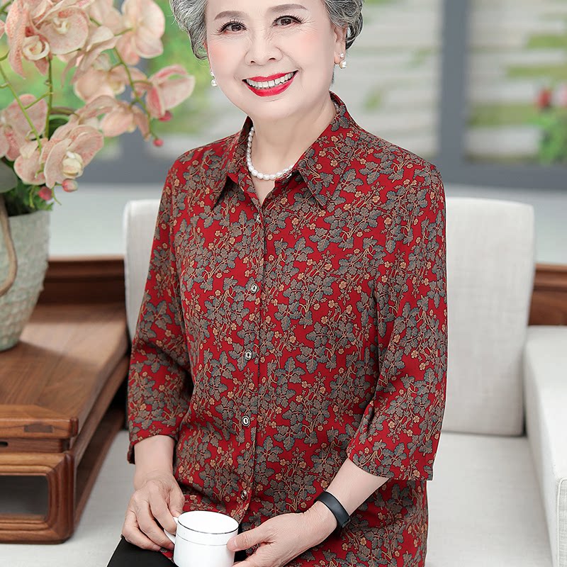 中老年妈妈桑蚕丝碎花长袖衬衫