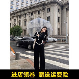 肉装小cherry 双倍快乐 微胖撞色设计修身上衣宽松直筒阔腿裤套装