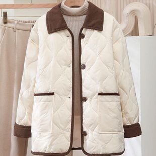 保暖棉衣外套 翻领灯芯绒菱格宽松百搭短款 轻薄棉服女2024冬季 新款