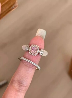 中古vintage粉色方糖锆石戒指女小众高级感食指戒名媛千金指环潮