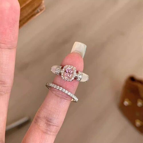 中古vintage粉色方糖锆石戒指女小众高级感食指戒名媛千金指环潮