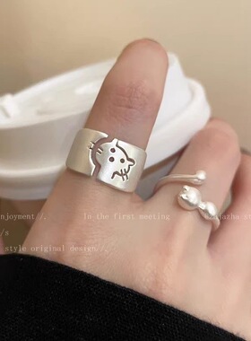 哑光猫咪戒指女ins小众设计高级感指环可爱搞怪创意卡通食指戒