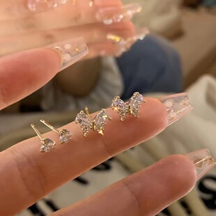 925银超闪锆石蝴蝶四件套耳钉女ins设计高级感套装 潮 耳环耳饰新款
