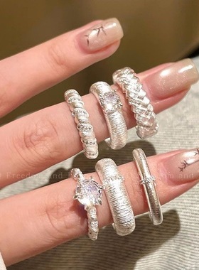 素圈新款锆石拉丝戒指女小众轻奢食指戒高级设计感对戒情侣指环潮