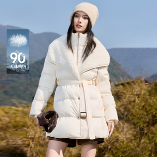 大翻领拼接长款羽绒服女2025冬季新款黑色高级感气质收腰保暖外套