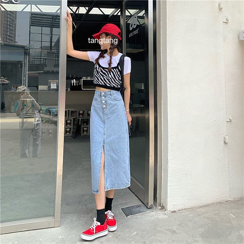 Real price new high waist slim bag hip skirt mid length split half length denim skirt
