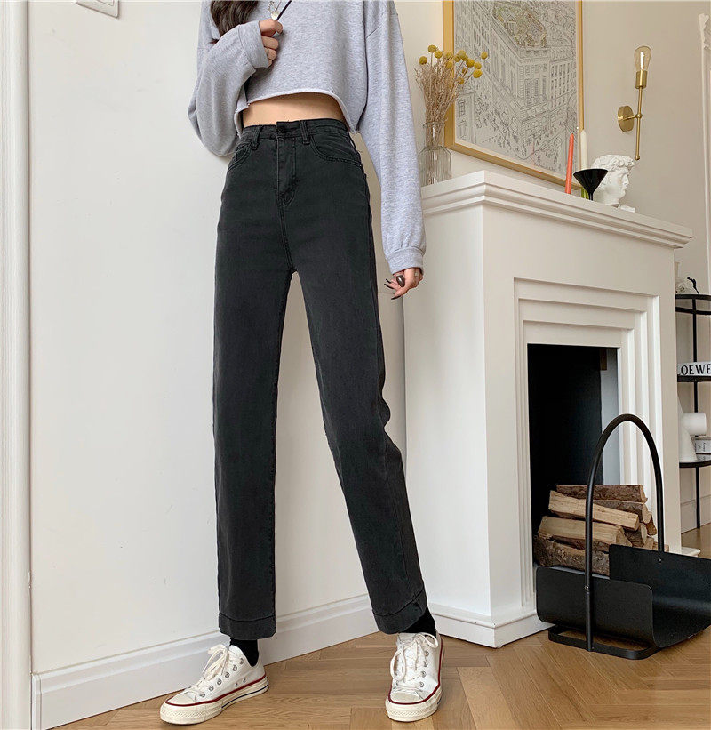 Real price straight leg jeans new style high waisted loose fit autumn and winter look thin wide leg pants