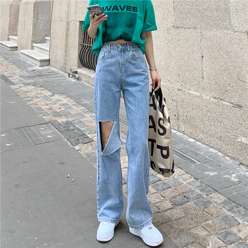 Real price high waist straight tube super fire hole jeans women's summer