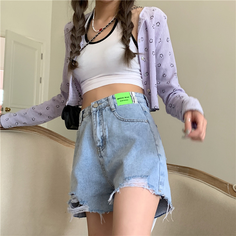 Real price ~ new versatile, loose and thin, rough edge, hole, high waist straight jeans shorts