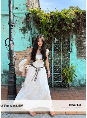 Xinlei Lin “氧气白茶”弹力花边棉布镂空绣花拼接连衣裙长短款