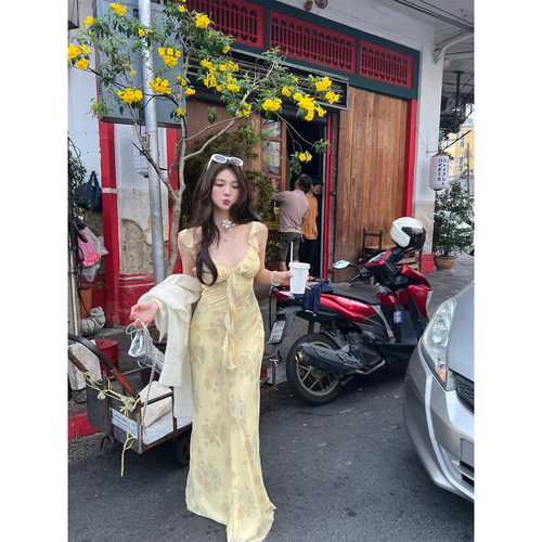 XinleiLin黄色印花连衣裙长裙