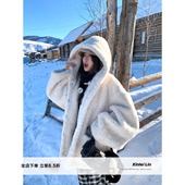初雪 Xinlei Lin 雪华绒麂皮复合一体羊羔毛连帽外套女冬外套