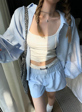 Xinlei Lin “白开水”夏季条纹长袖衬衫短裤套装女春夏上衣穿搭