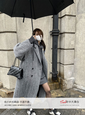 Xinlei lin 2022冬新款 一万次心动的人字纹灰色羊毛毛呢外套大衣