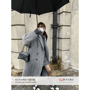Xinlei lin 2022冬新款 一万次心动的人字纹灰色羊毛毛呢外套大衣