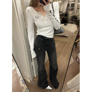 Lin 长裤 腿精 女休闲裤 女 可调节扣两穿微喇高腰牛仔裤 Xinlei