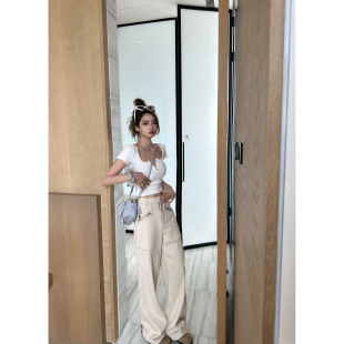 新款 白色轻工装 裤 Lin 工装 夏季 休闲裤 Xinlei 亚麻感微阔腿直筒裤