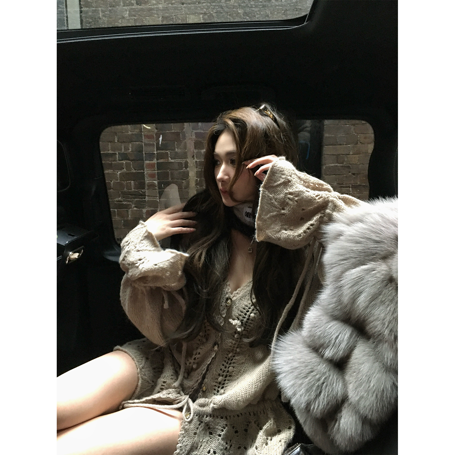 XinleiLin咖色钩花毛针织开衫