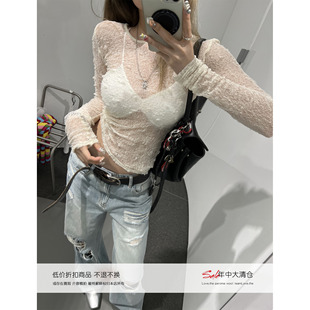 Xinlei T恤内搭白色bra女春夏 Lin 狙击辣妹蕾丝防晒透感上衣长袖