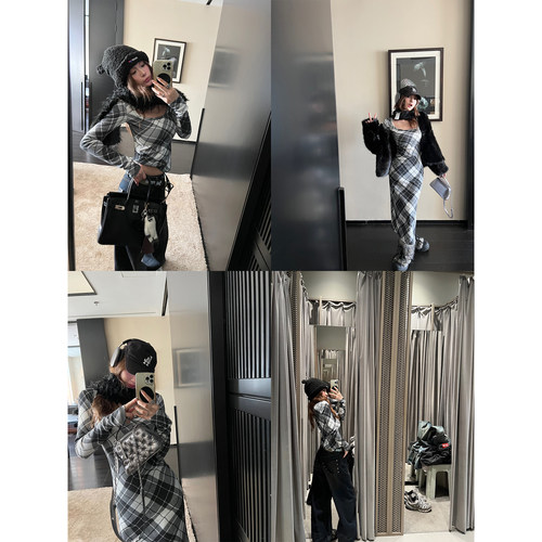 Xinlei Lin “英国冬令”黑白不规则格子印花方领修身连衣裙/上衣