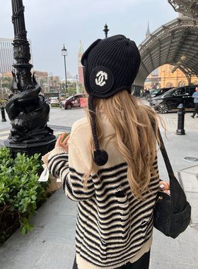 Xinlei Lin 条纹收藏家 acn*  做旧破洞圆领羊毛中长款套头毛衫