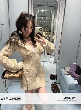 Xinlei Lin “杏仁奶心”A*ne手工冰岛毛粗针970g修身连帽连衣裙