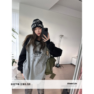 双色拼色百搭印花长袖 周末邂逅 T恤女秋冬上衣女 Lin Xinlei