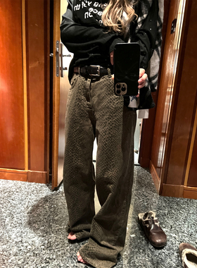 Xinlei Lin工装派对 蛇纹印花街头休闲阔腿水洗磨毛裤加绒/不加绒