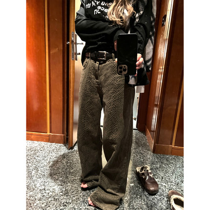 Xinlei Lin工装派对 蛇纹印花街头休闲阔腿水洗磨毛裤加绒/不加绒