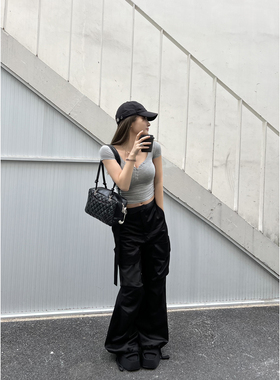 Xinlei Lin “斩女”轻薄亮面工装休闲裤女黑色裤子长裤女春夏