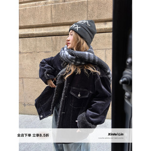 复古灯芯绒拼毛工装 vintage街潮风 棉服外套女秋冬 Lin Xinlei