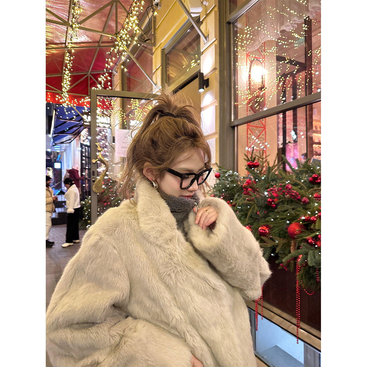 XinleiLin双色廓形兔毛皮草外套