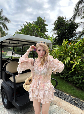Xinlei Lin 绿野仙踪 法式荷叶边慵懒度假仿真丝印花上衣半裙套装